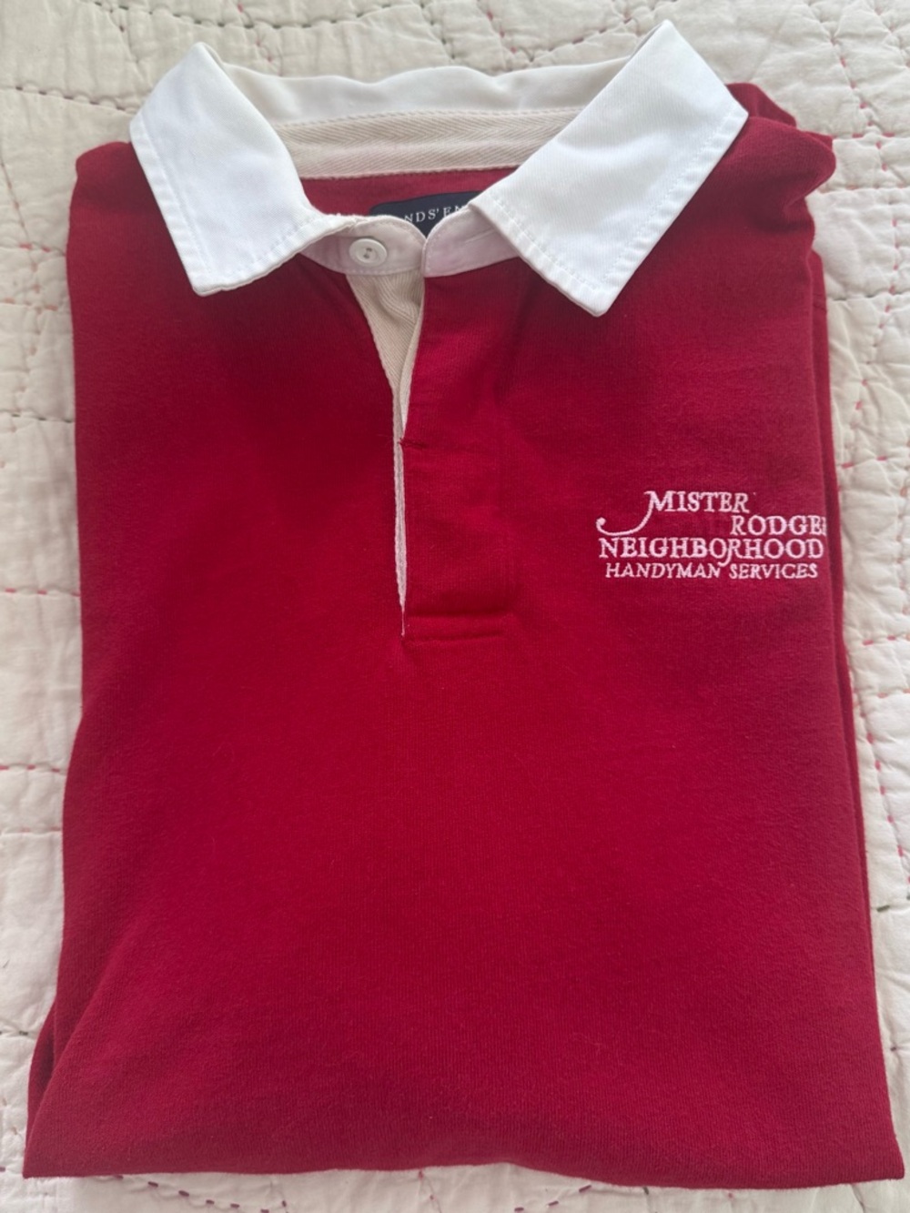 Land's End Red Mister Rogers Neighborhood Handyman Polo Rugby Shirt RARE! XL